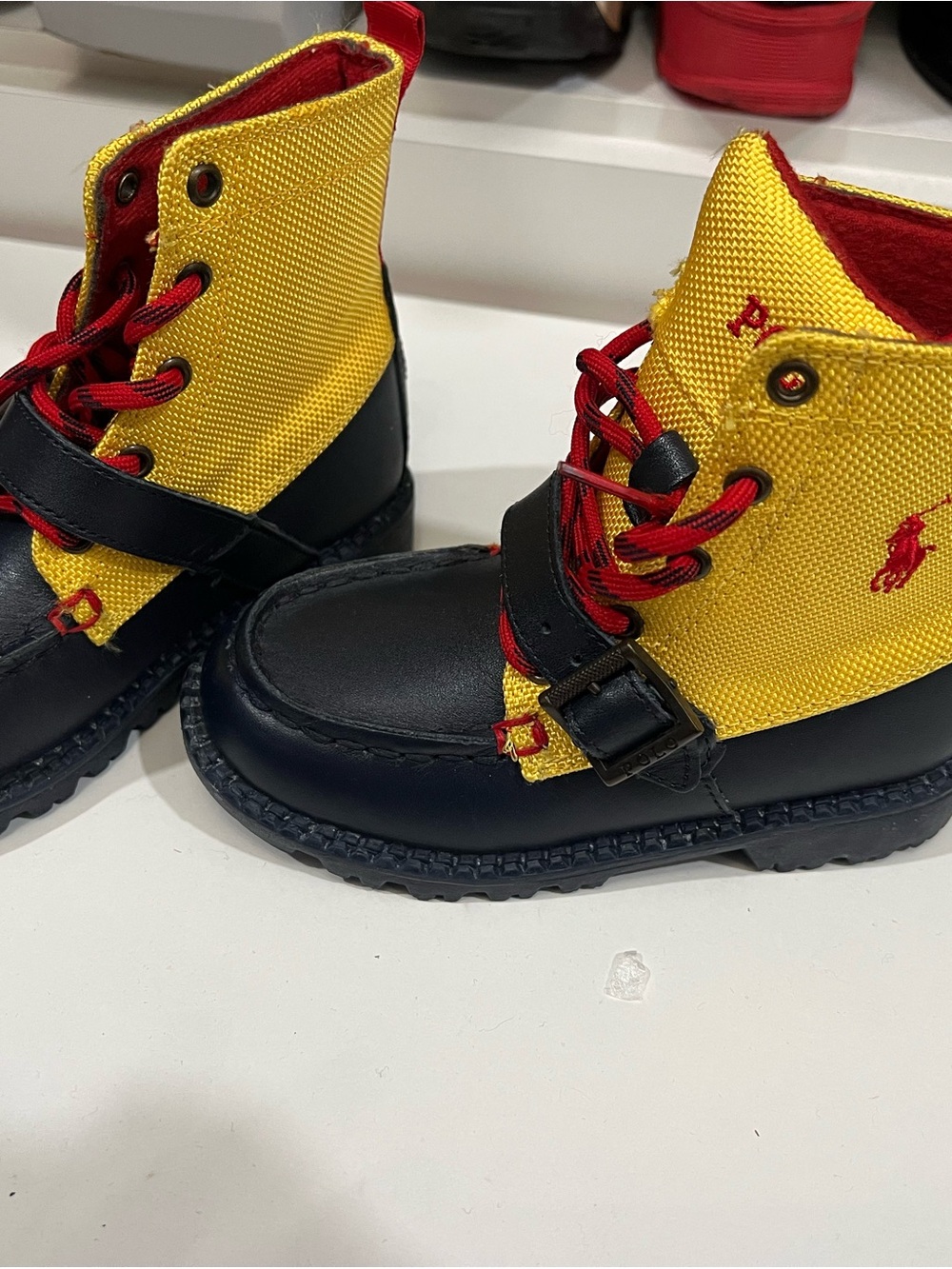 Polo by Ralph Lauren Yellow, Navy & Red Toddler Lace-Up Buckle Boots; NWOT